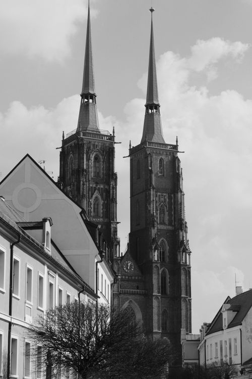 Free Stunning black and white capture of Wroclaw Cathedral's spires under a cloudy sky. Stock Photo