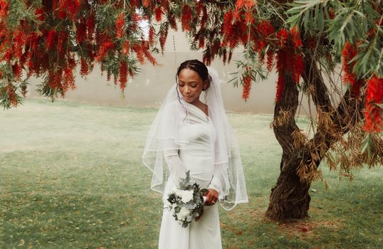 Bride in a white gown holds bouquet, standing under bottlebrush tree.