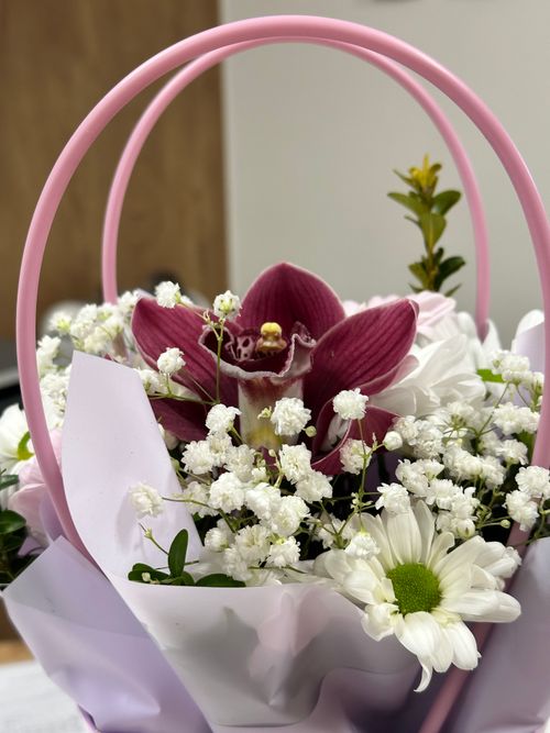 Free Charming bouquet of flowers including orchids and daisies in a decorative pink basket. Stock Photo