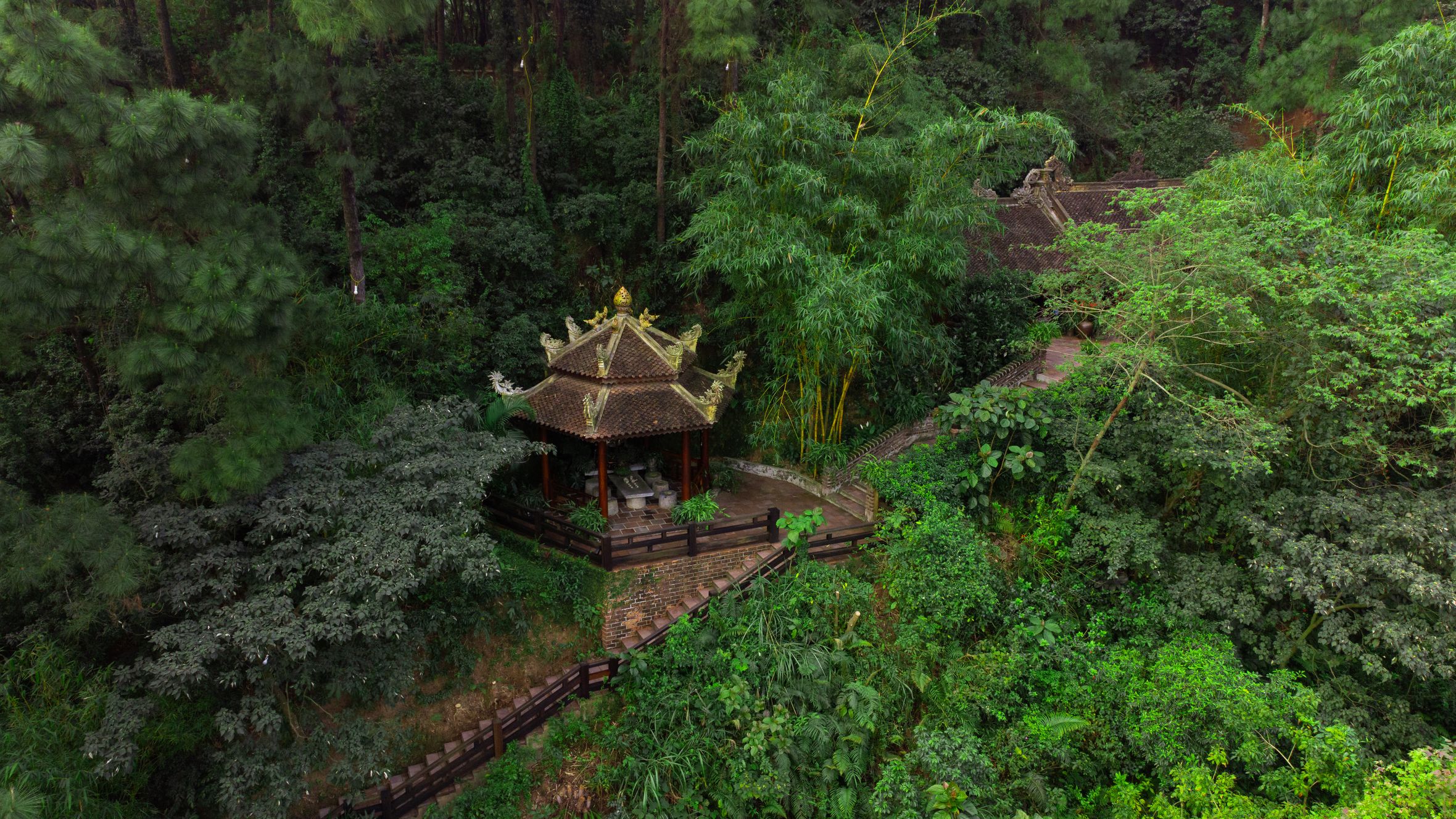 A traditional pagoda nestled amidst dense green forest, showcasing tranquil natural beauty.
