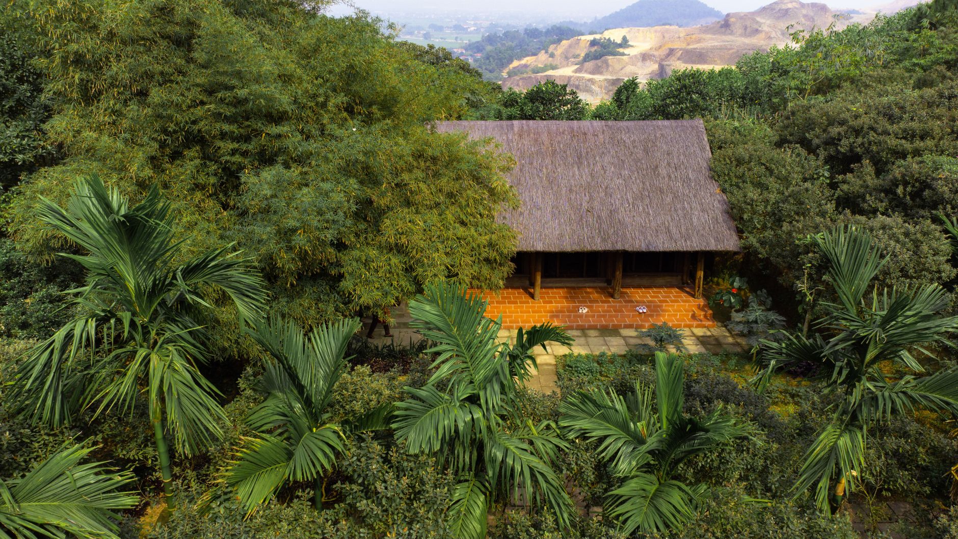 Aerial photo of a traditional hut surrounded by lush tropical vegetation and greenery in a forest landscape.
