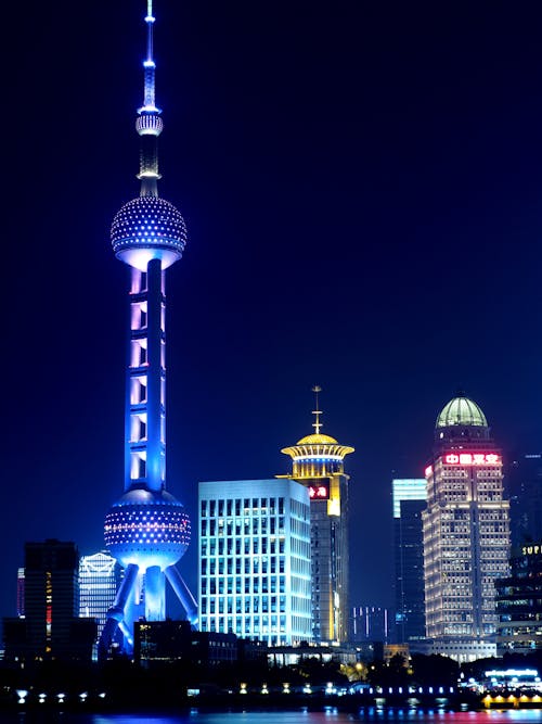 Beleuchtete Skyline Der Stadt Bei Nacht