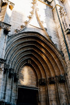 一张哥特式大教堂立面的详细照片，上面错综复杂的拱门沐浴在阳光下