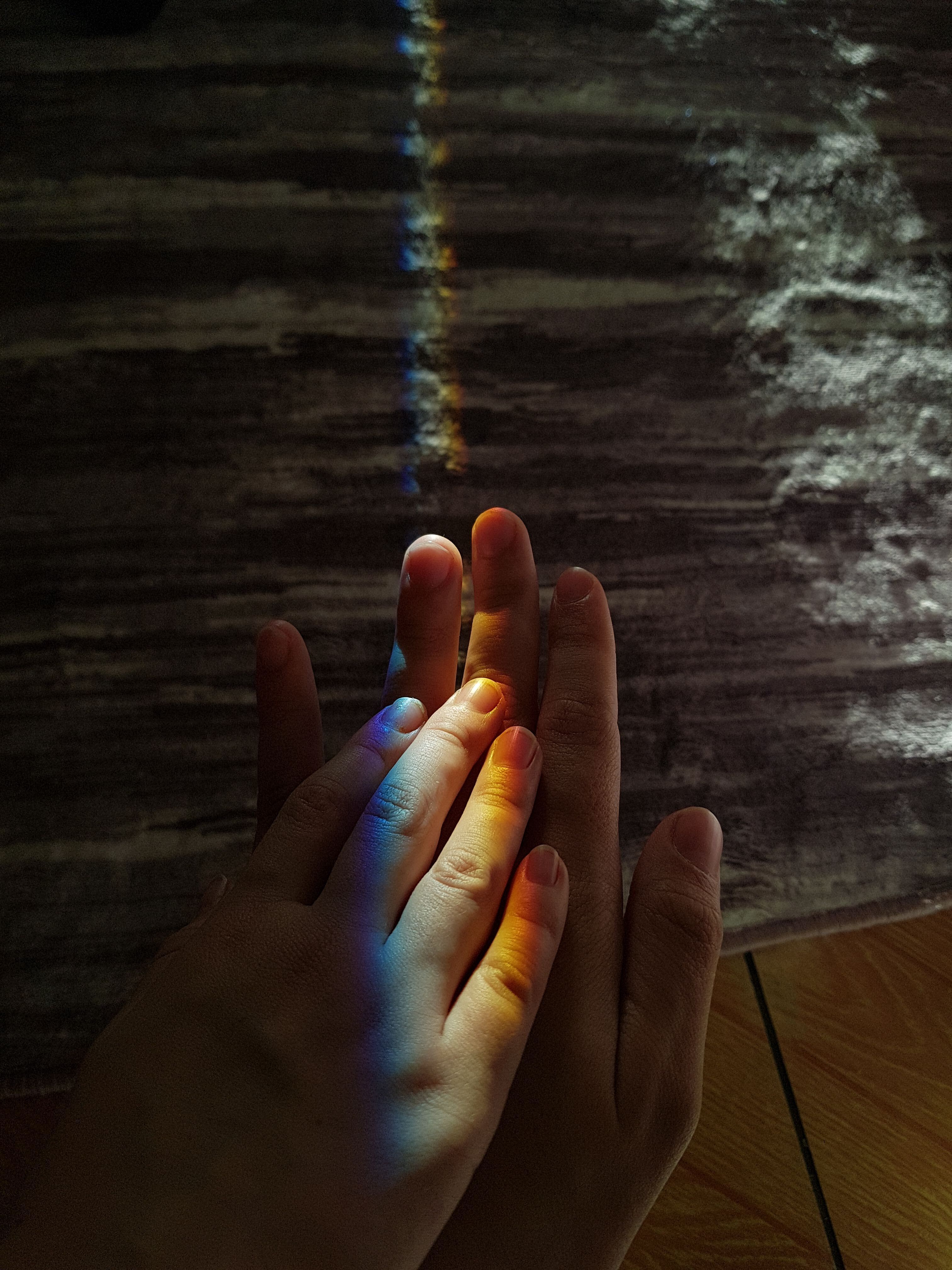 Hands Touching Under a Rainbow Light Indoors · Free Stock Photo