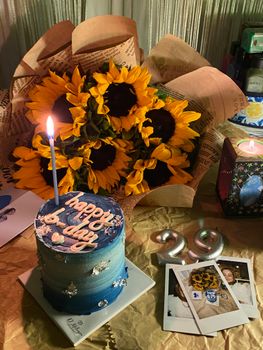 Festive birthday scene with sunflowers, a blue cake, candles, and polaroid photos creating a warm, celebratory atmosphere.