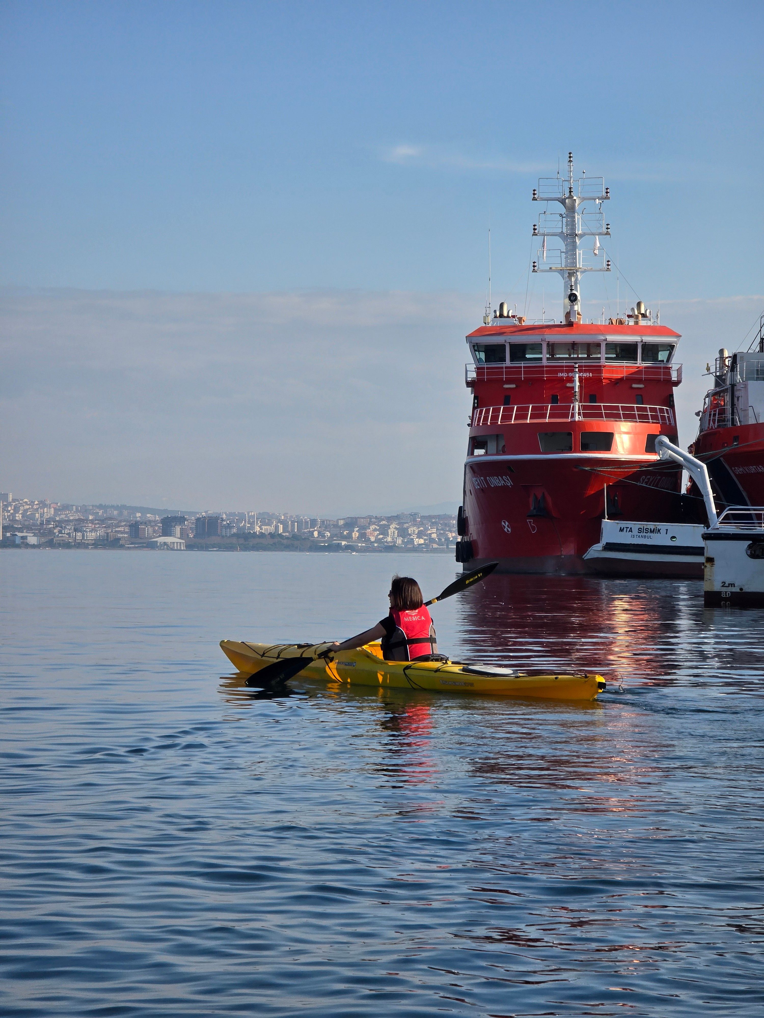 A kayaker enjoys a sunny day on calm water near red cargo ships, with a city skyline in the background.