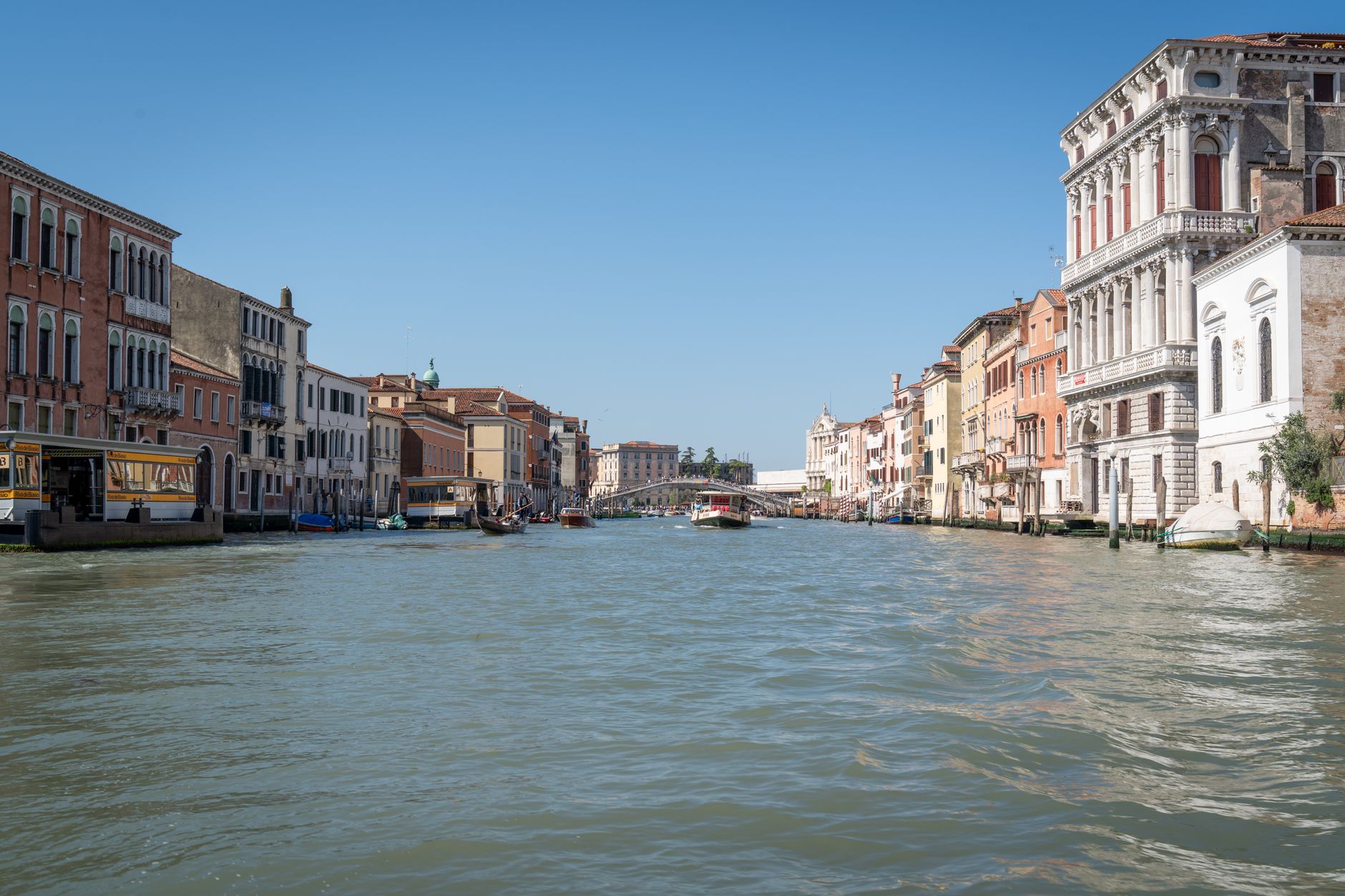 A vibrant view of Venice's Grand Canal with historic architecture bathed in sunlight.