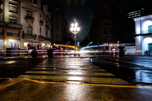 Urban nightlife with motion blur of traffic lights in Buenos Aires, Argentina.