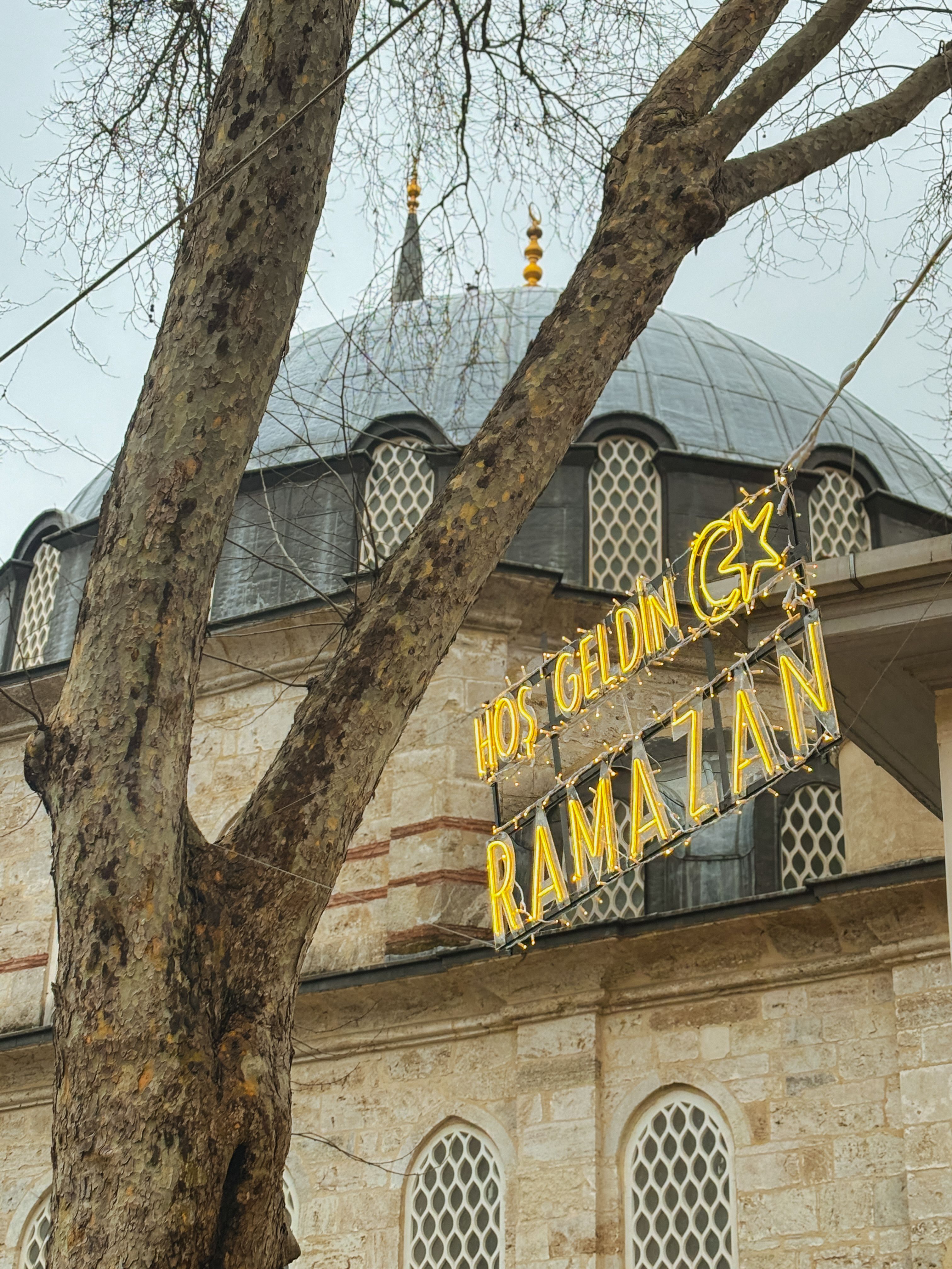 A tree frames a 'Welcome Ramadan' sign on a historic mosque's facade, blending nature and architecture.