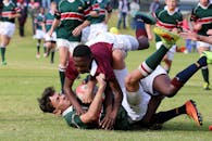 橄榄球运动员在草地上展现了团队合作与运动能力，上演了激动人心的体育时刻