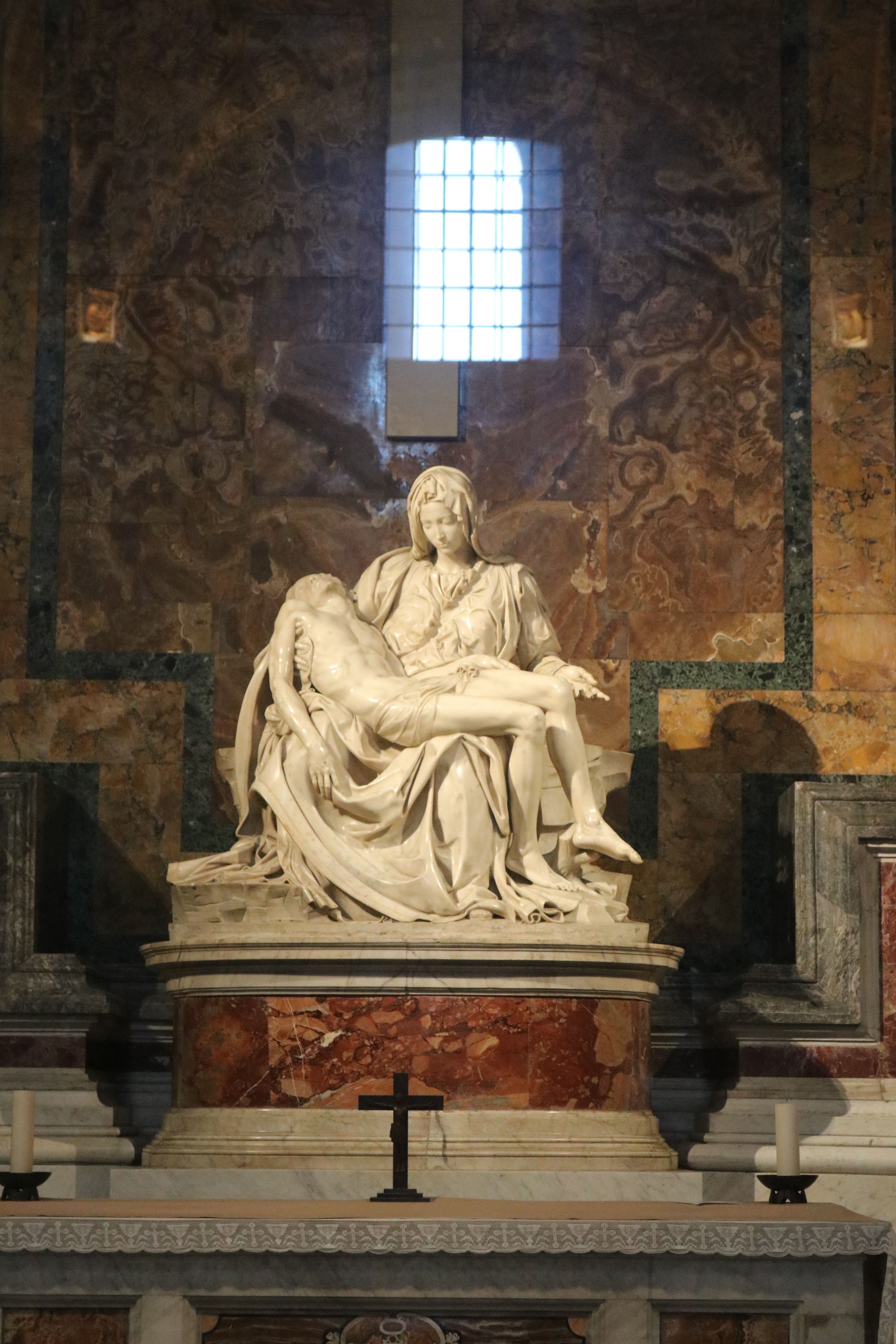 A stunning view of Michelangelo's Pietà inside St. Peter's Basilica, Vatican City.