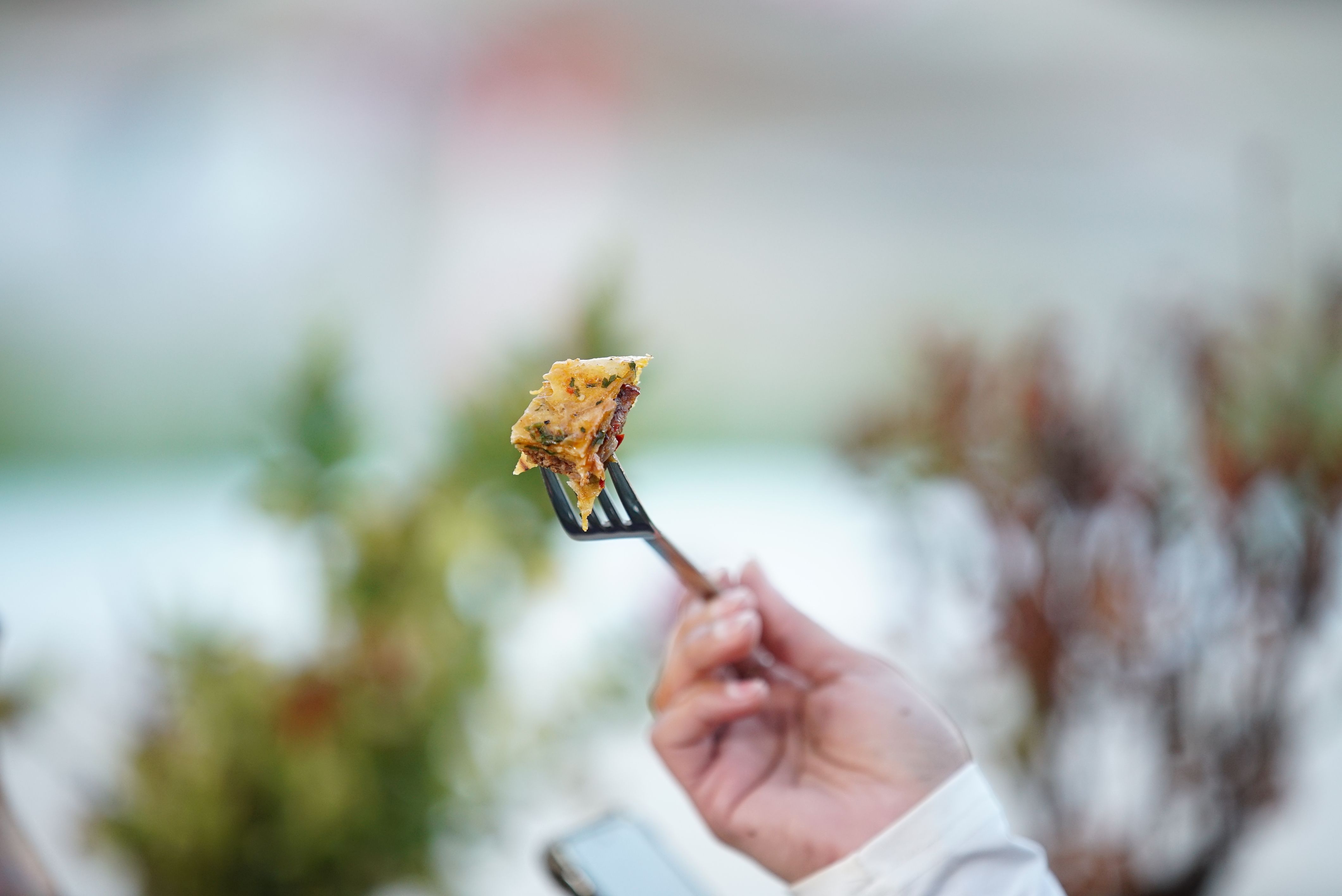 A hand holding a fork with flavorful food outdoors, against a blurred natural background.