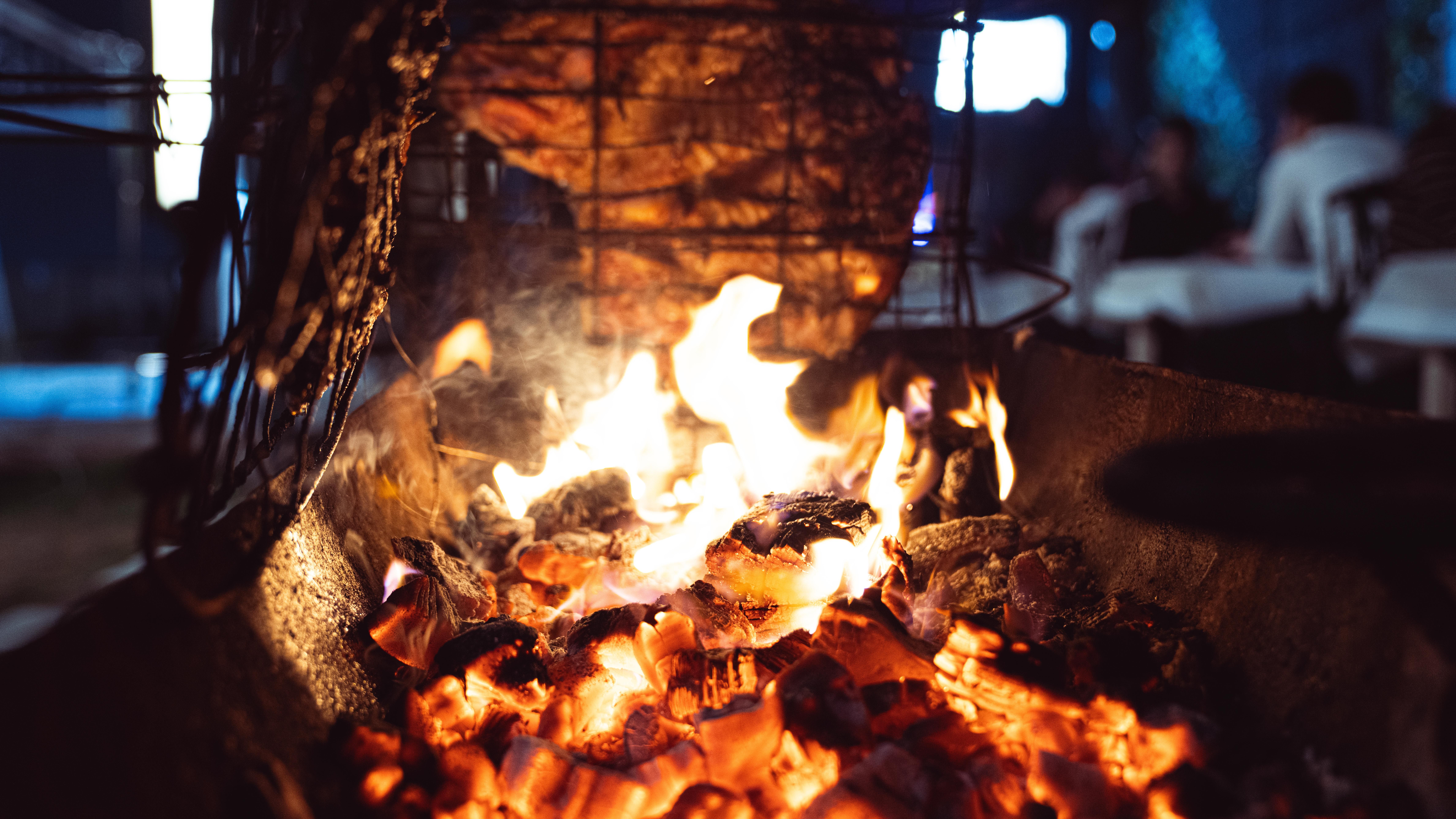 Juicy meat grilling over open flames in a barbecue pit, perfect for outdoor cooking scenes.