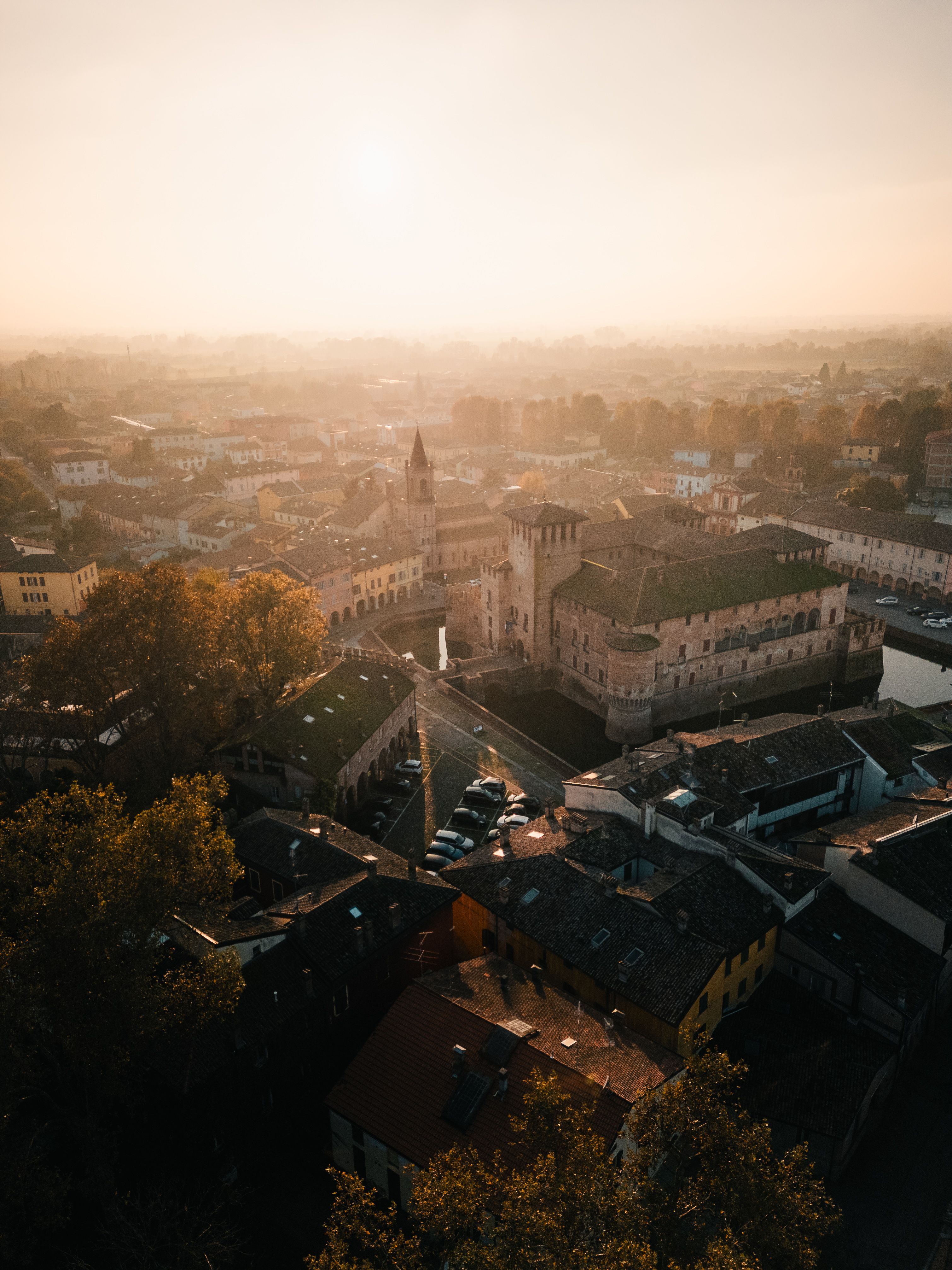 Stunning aerial photograph of Fontanellato in Emilia-Romagna, Italy during sunset.
