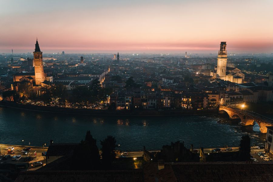Romantic sunset over a historic Italian city