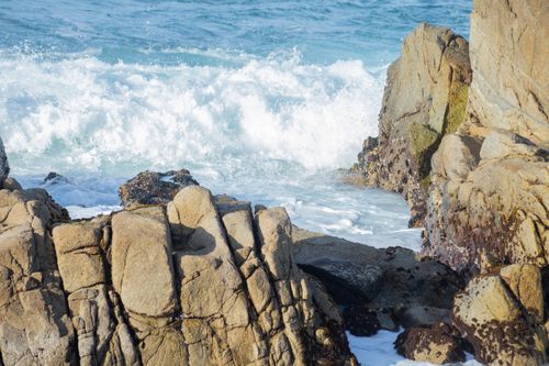 Free Vibrant ocean waves crashing against rocky shores in Monterey, California. Stock Photo
