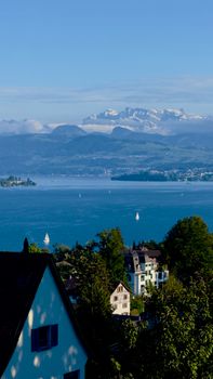 A picturesque landscape of Lake Zurich with the Swiss Alps in the background under a clear blue sky.