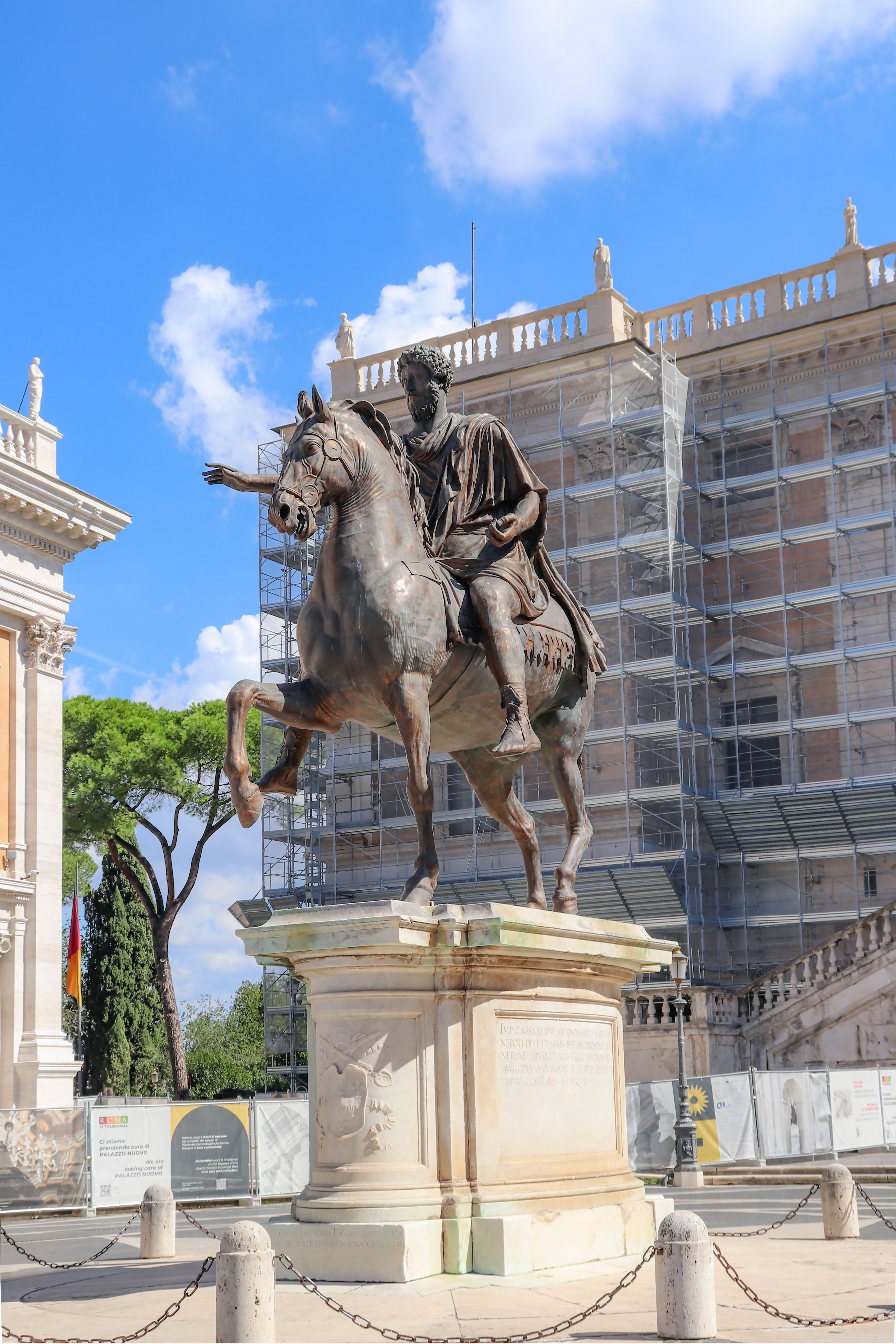 Historic equestrian statue of Marcus Aurelius in Rome's Capitoline Hill, a symbol of ancient Roman power.