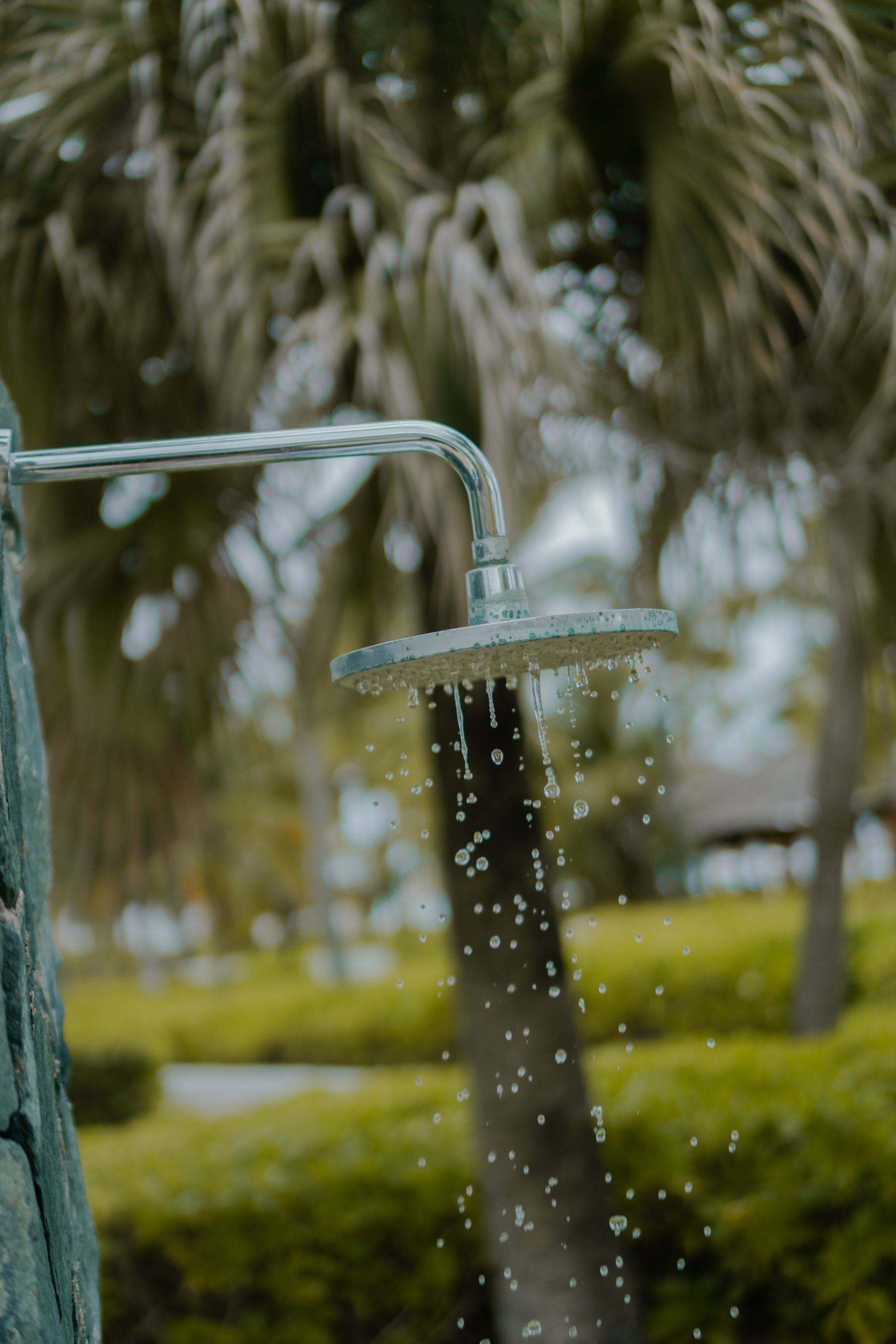 Outdoor shower spraying water in a lush tropical garden
