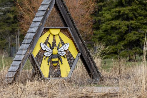 Free A wooden A-frame structure with a bee motif serves as a habitat in a grassy meadow. Stock Photo