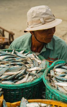 A Vietnamese fisherman selling herring fish at a coastal market in Vũng Tàu, showcasing daily life.