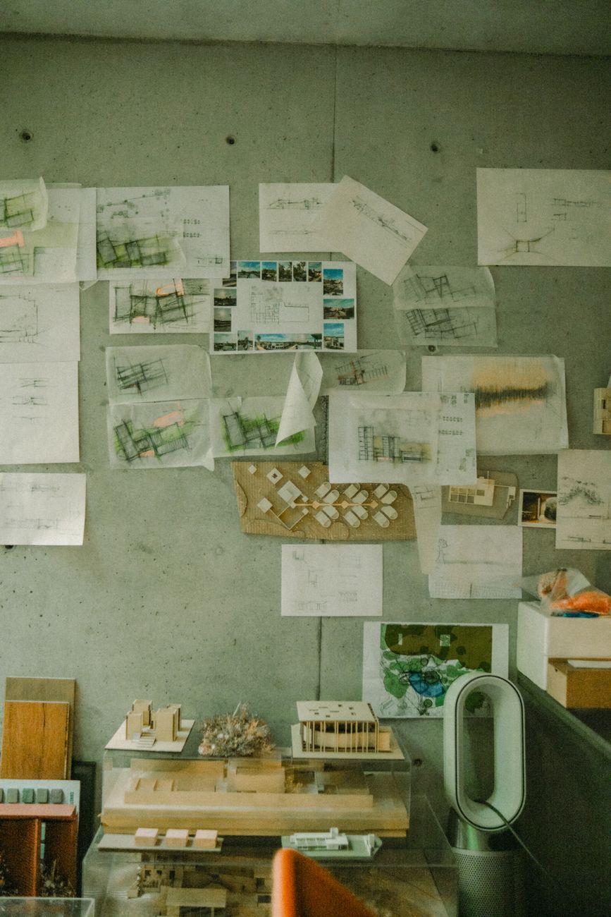Design studio whiteboard sketches walls