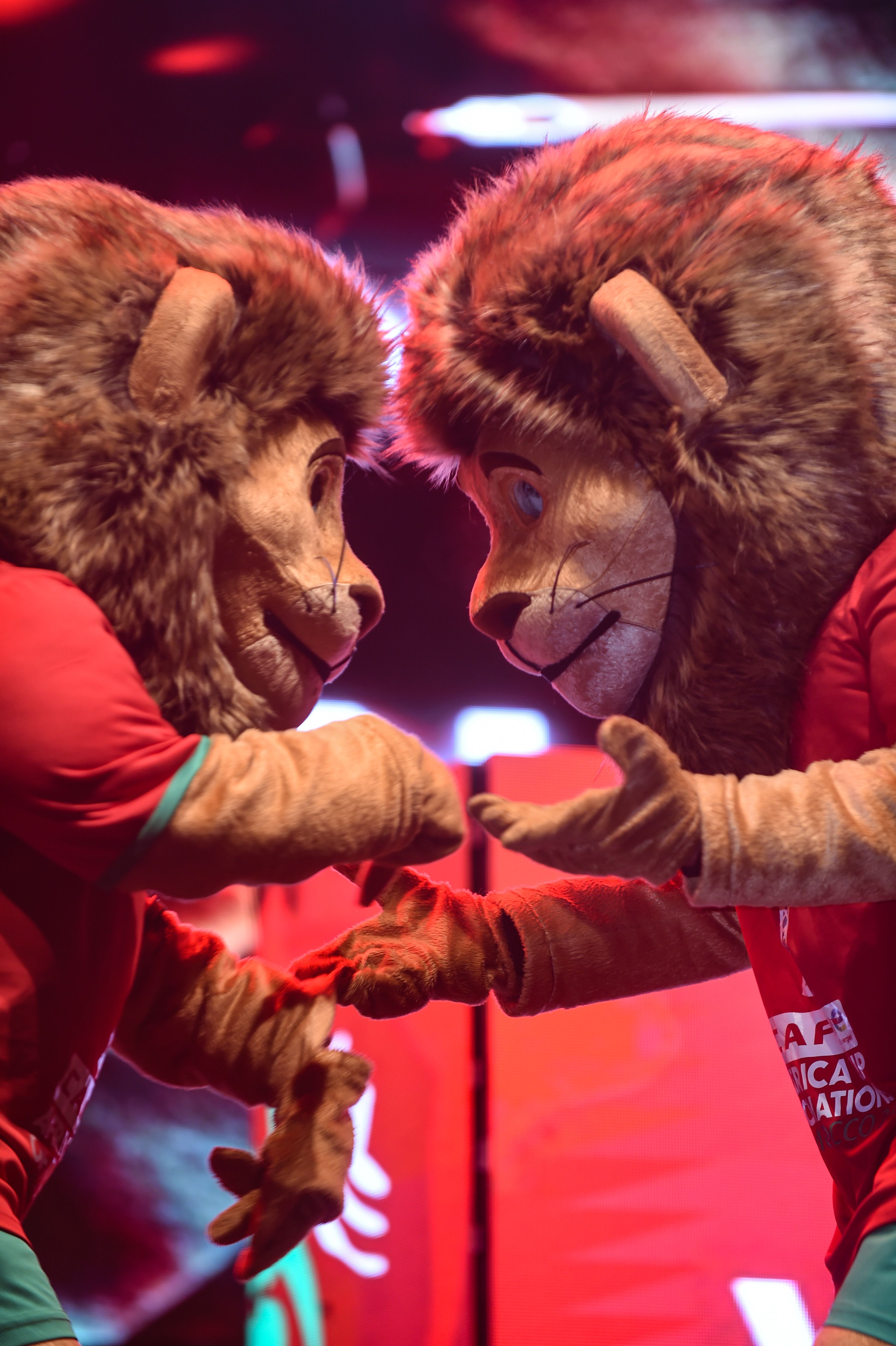 Two Lion Mascots Performing on Stage in Costumes · Free Stock Photo