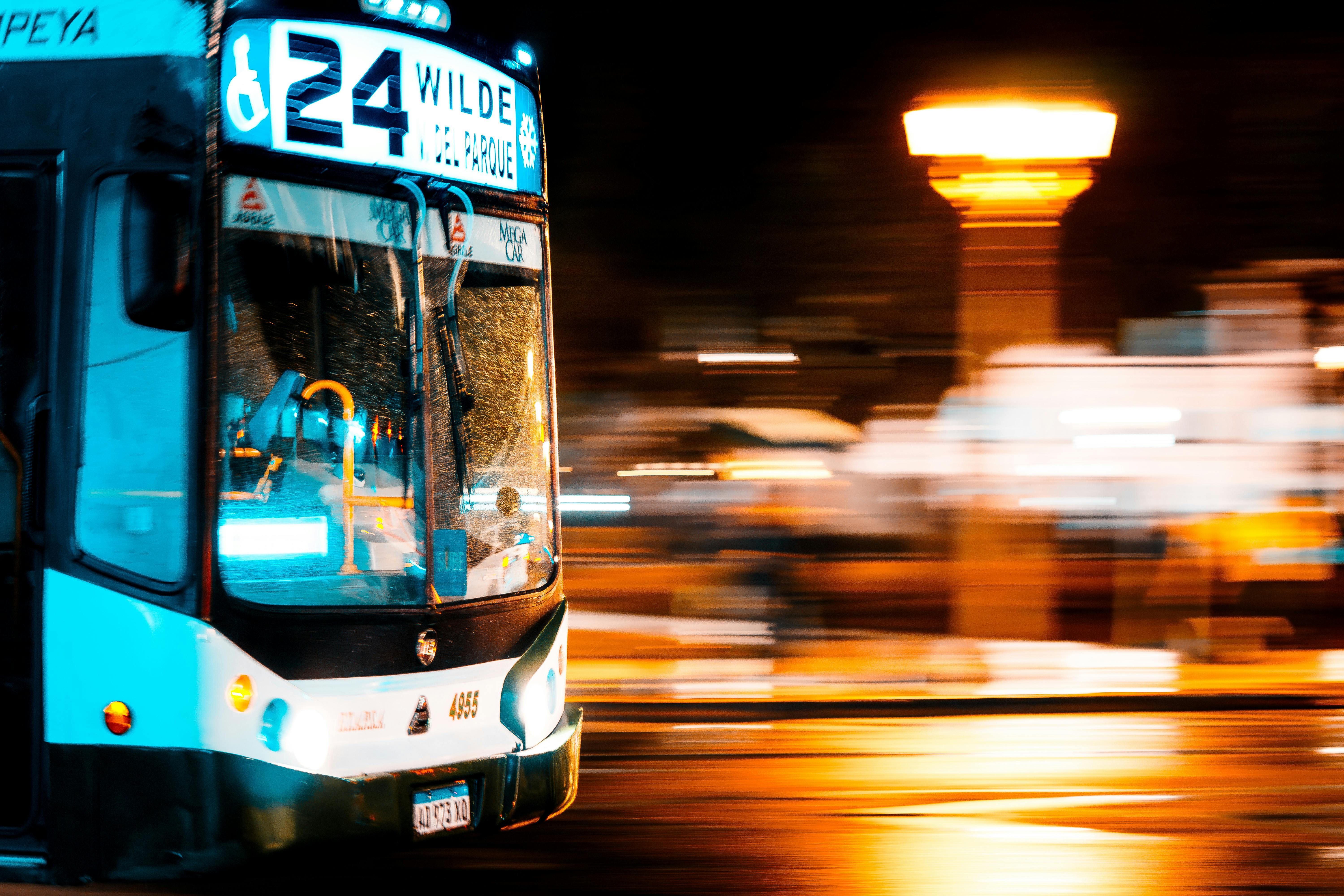 Dynamic shot of a city bus in motion blur at night in Buenos Aires, Argentina.