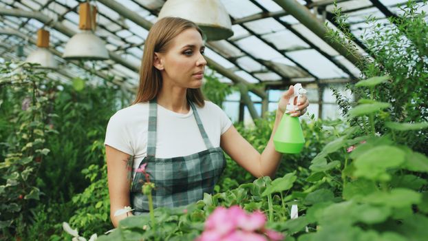 Woman tending to plants in a greenhouse, using a spray bottle for nurturing foliage.