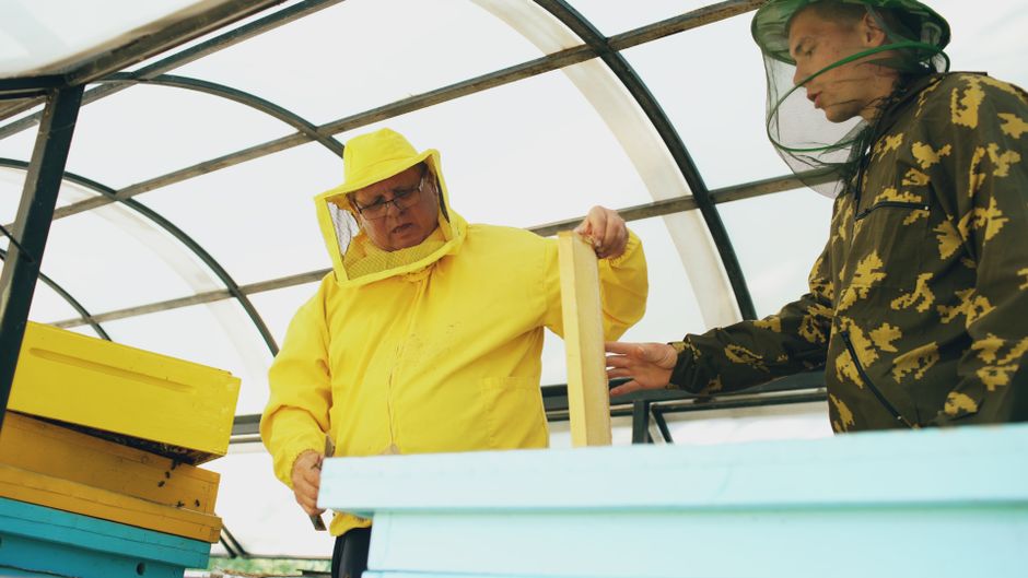 U.S. Air Force Veteran attending a beekeeping workshop, learning about hive inspection with an instructor, demonstrating educational engagement