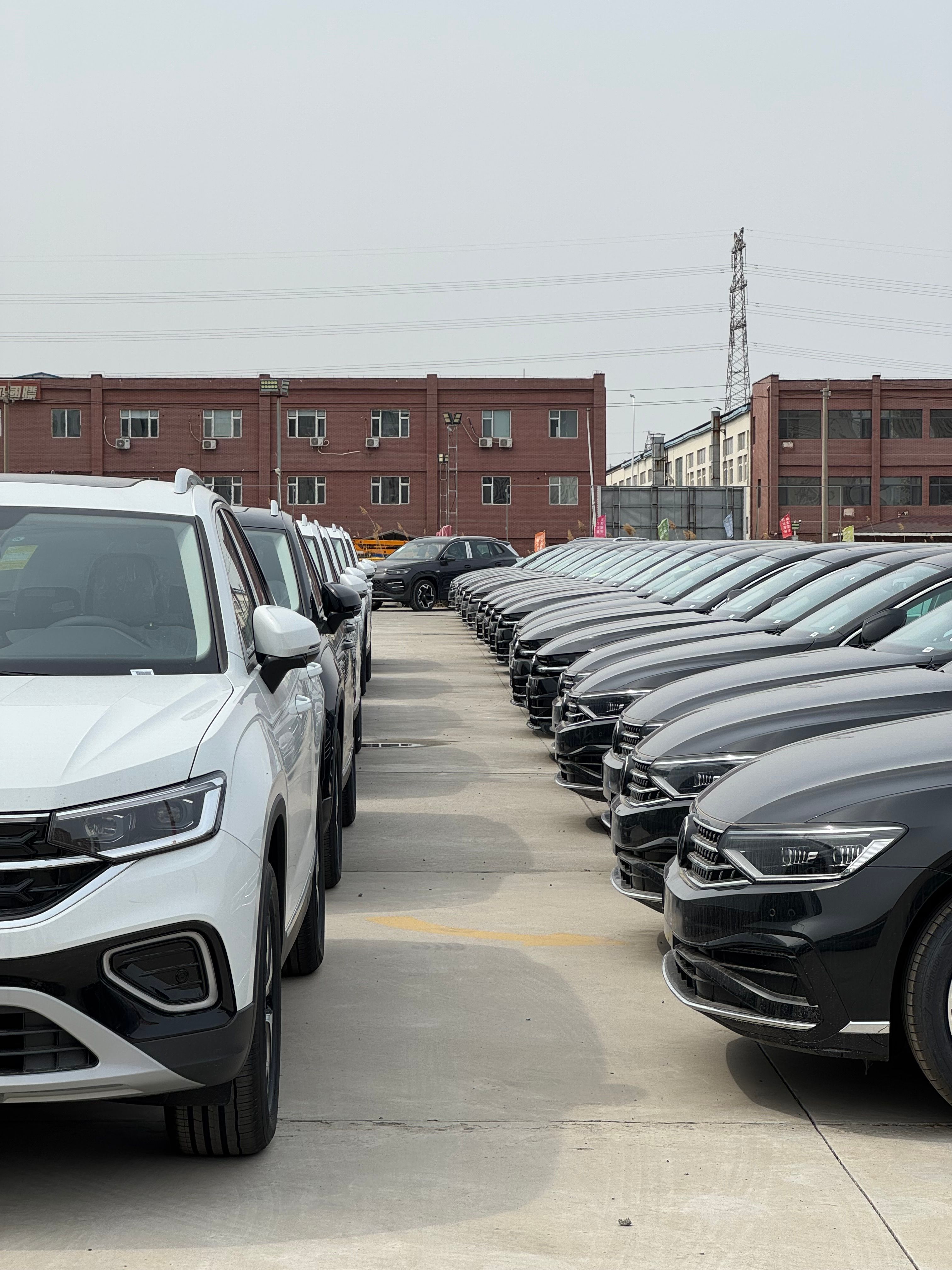 Row of New Cars in Industrial Parking Lot · Free Stock Photo