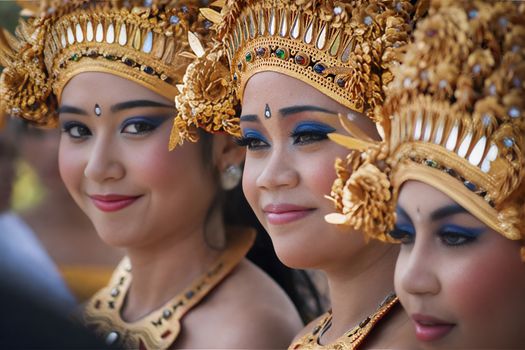 Balinese women adorned in traditional ceremonial dress and jewelry, smiling gracefully.