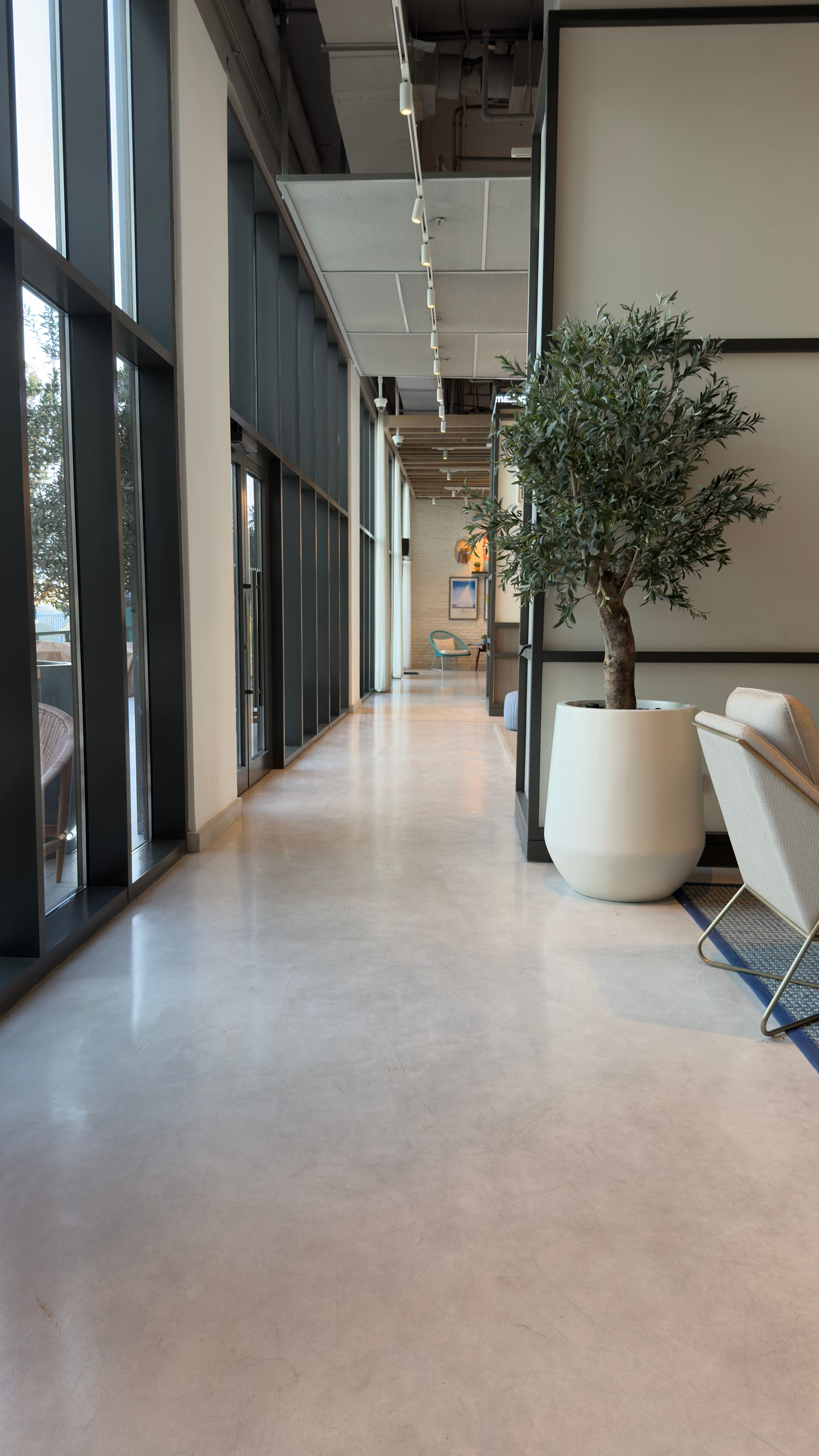 Salon minimaliste aux murs enduits, tons gris et chauds