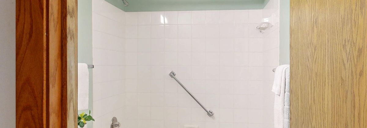 A bathroom with a grab bar by the tub