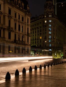 Long exposure of night traffic against historic buildings in Buenos Aires, Argentina.