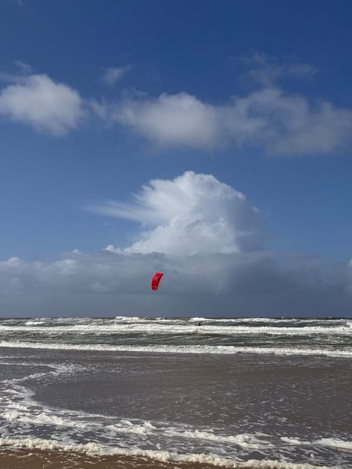 Free A vibrant red kite surfing on the breezy North Sea coast under a blue sky. Stock Photo