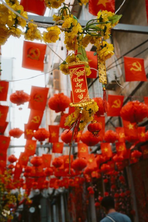 Free Vibrant Vietnamese street adorned with red lanterns and yellow flowers during the festive season. Stock Photo