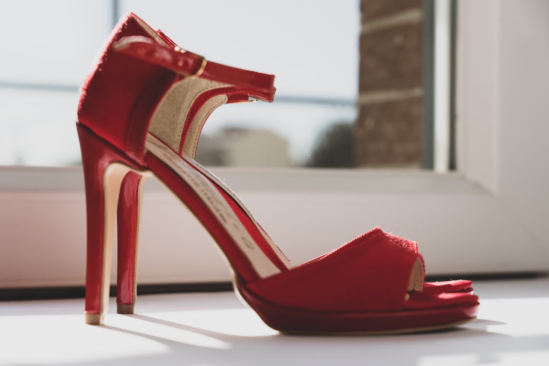 Free Red Leather Peep Toe Heeled Sandals Stock Photo