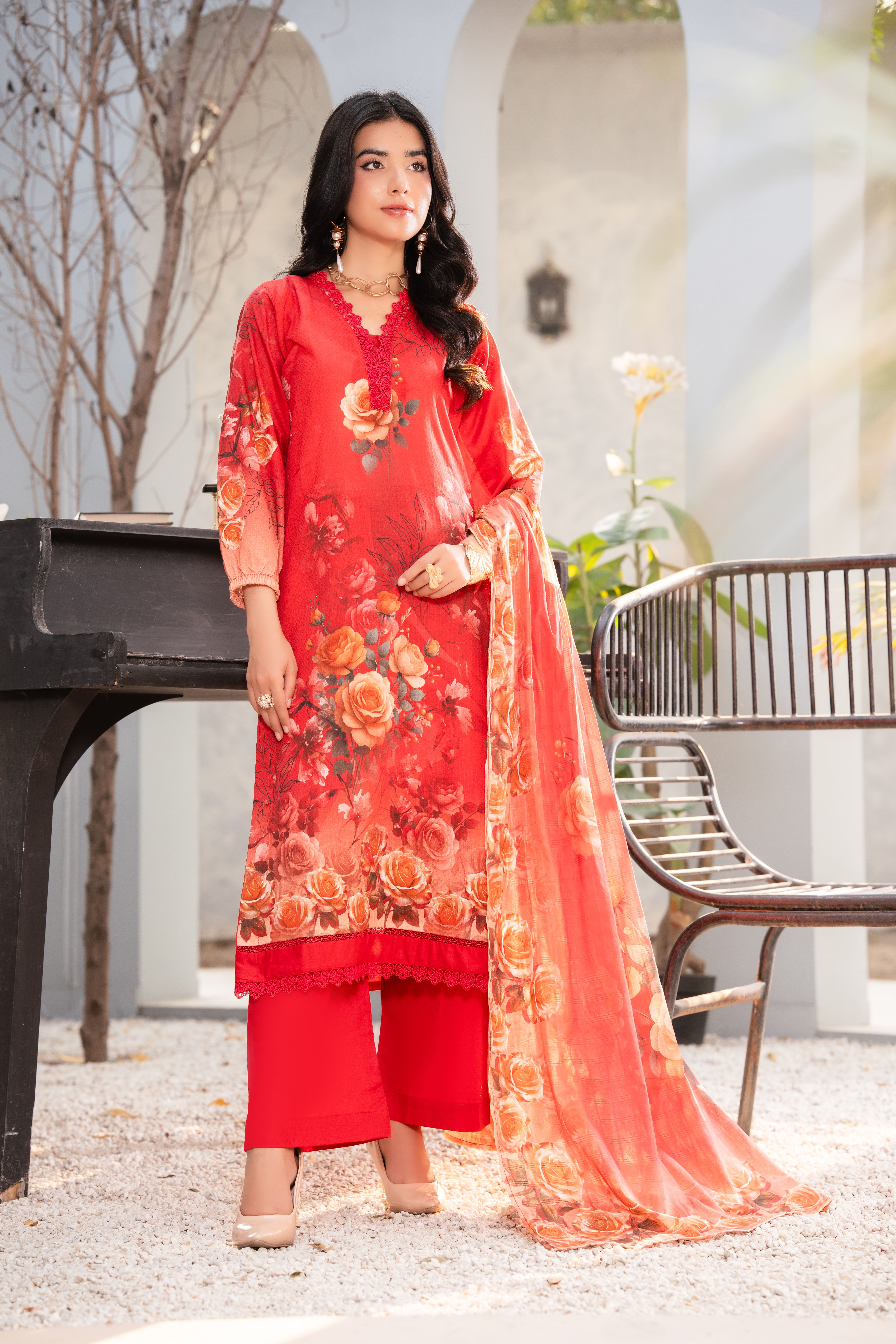 Elegant Woman in Floral Red Traditional Dress · Free Stock Photo