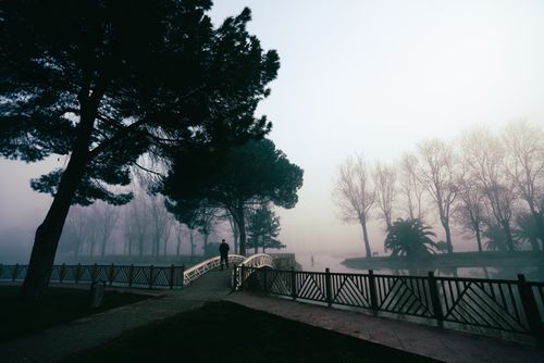 Free A lone figure walks across a bridge in a serene, foggy park setting, surrounded by trees. Stock Photo
