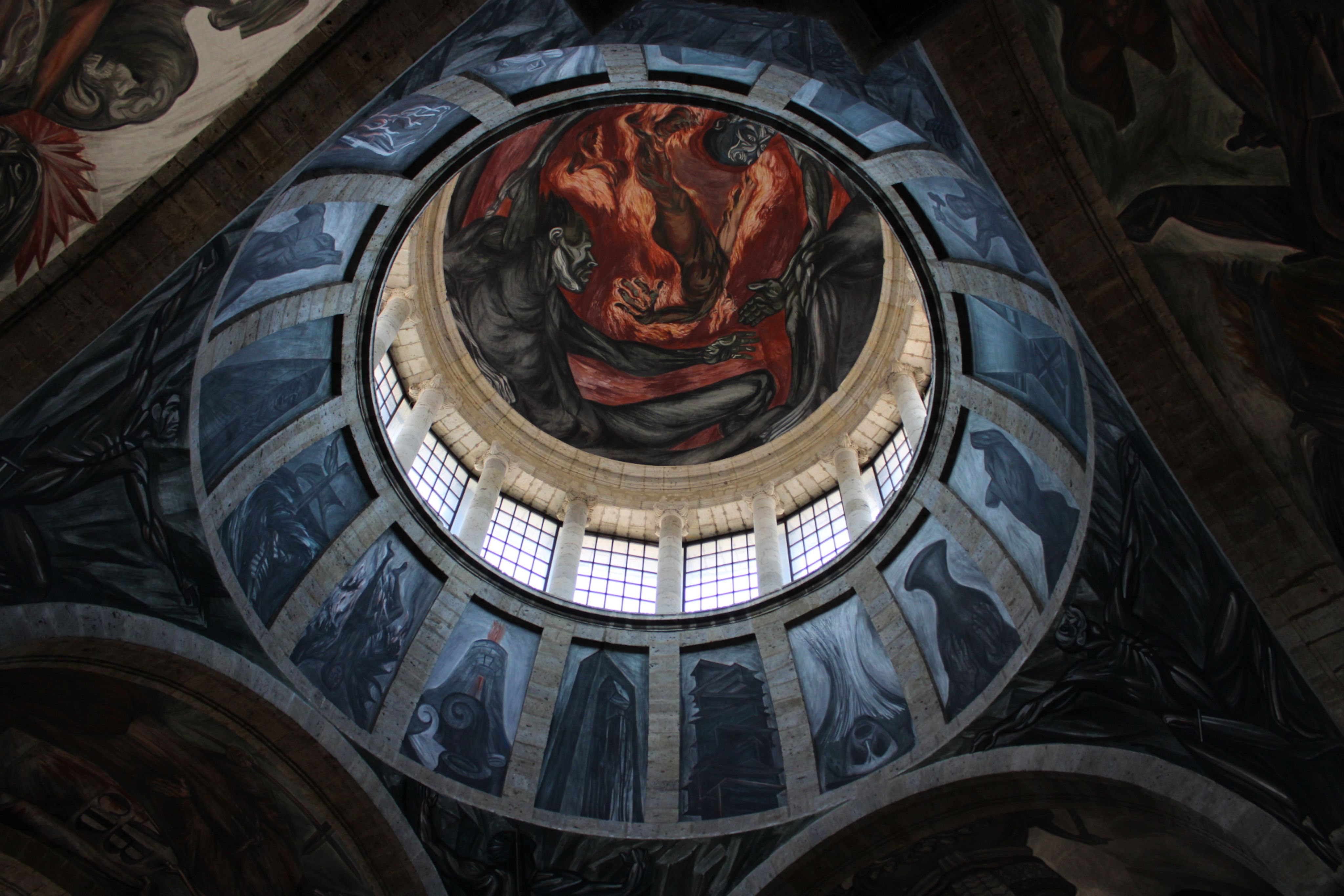 Artistic dome with vivid murals at Hospicio Cabañas, a cultural landmark in Guadalajara, Mexico.
