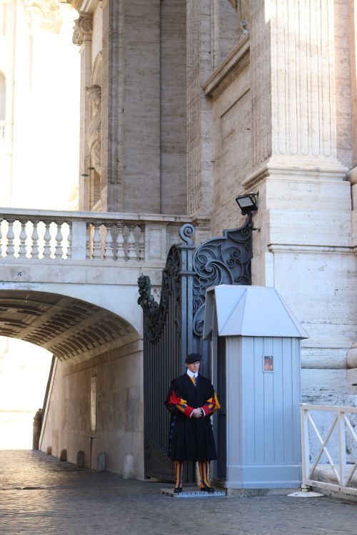 Free A Swiss Guard stands at attention beside a historic gate in Vatican City. Stock Photo