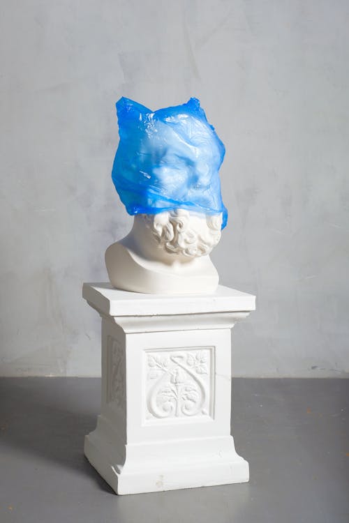 A Photo Of A Carved Statue Covered In A Blue Plastic