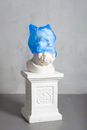 A Photo Of A Carved Statue Covered In A Blue Plastic