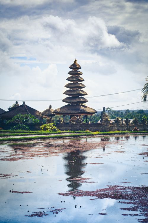 Free Peaceful temple reflection in a Balinese rice field under cloudy skies. Stock Photo
