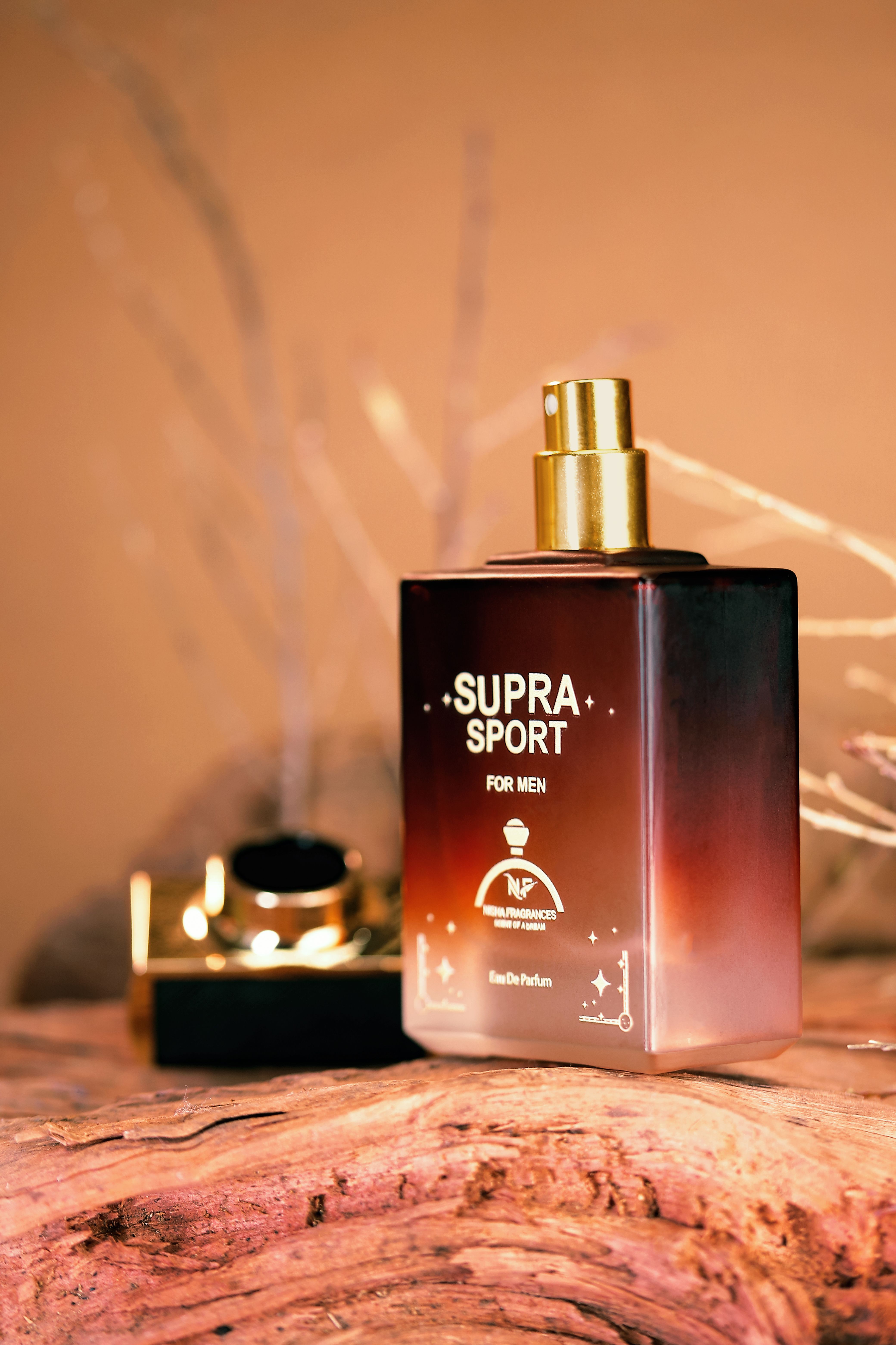 Luxury men's fragrance bottle displayed on natural wood, masculine high-end cologne