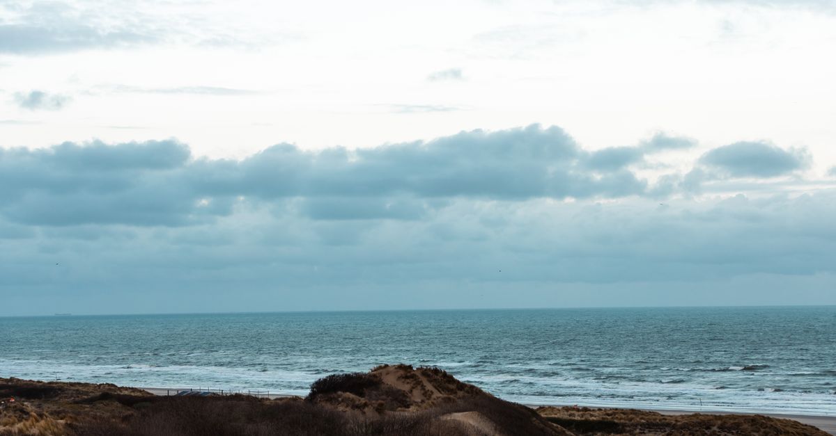 Explore the serene coastal landscape at The Hague with dunes and a vast ocean under cloudy skies.