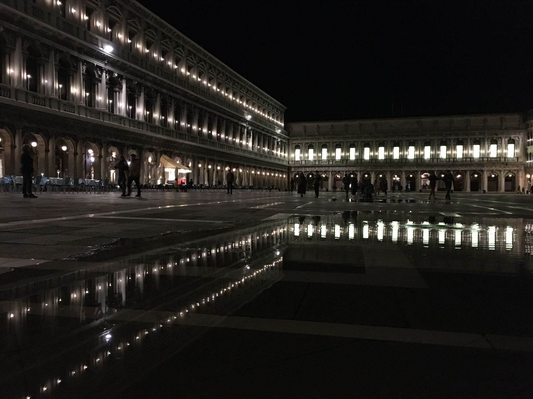 Elegant nighttime view of St. Mark's Square, Venice, with reflections and ambient lighting.
