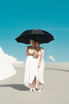 一个阳光明媚的日子里，在巴西利亚，两名身穿白色连衣裙的妇女站在伞下