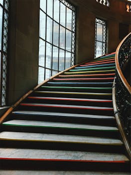 室内楼梯优雅，台阶呈彩虹色，并配有复古窗户